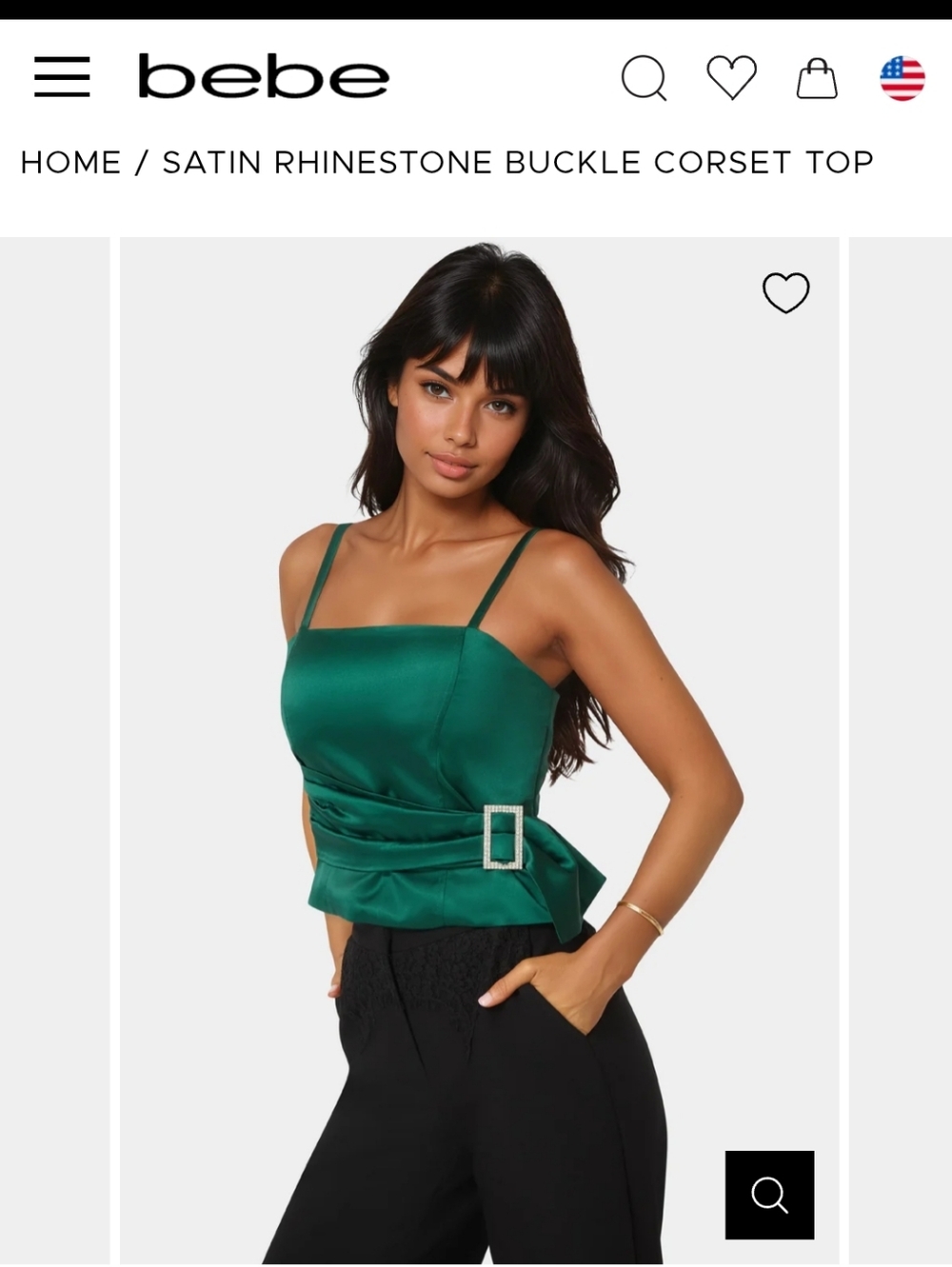bebe Green Satin Rhinestone Buckle Corset Top